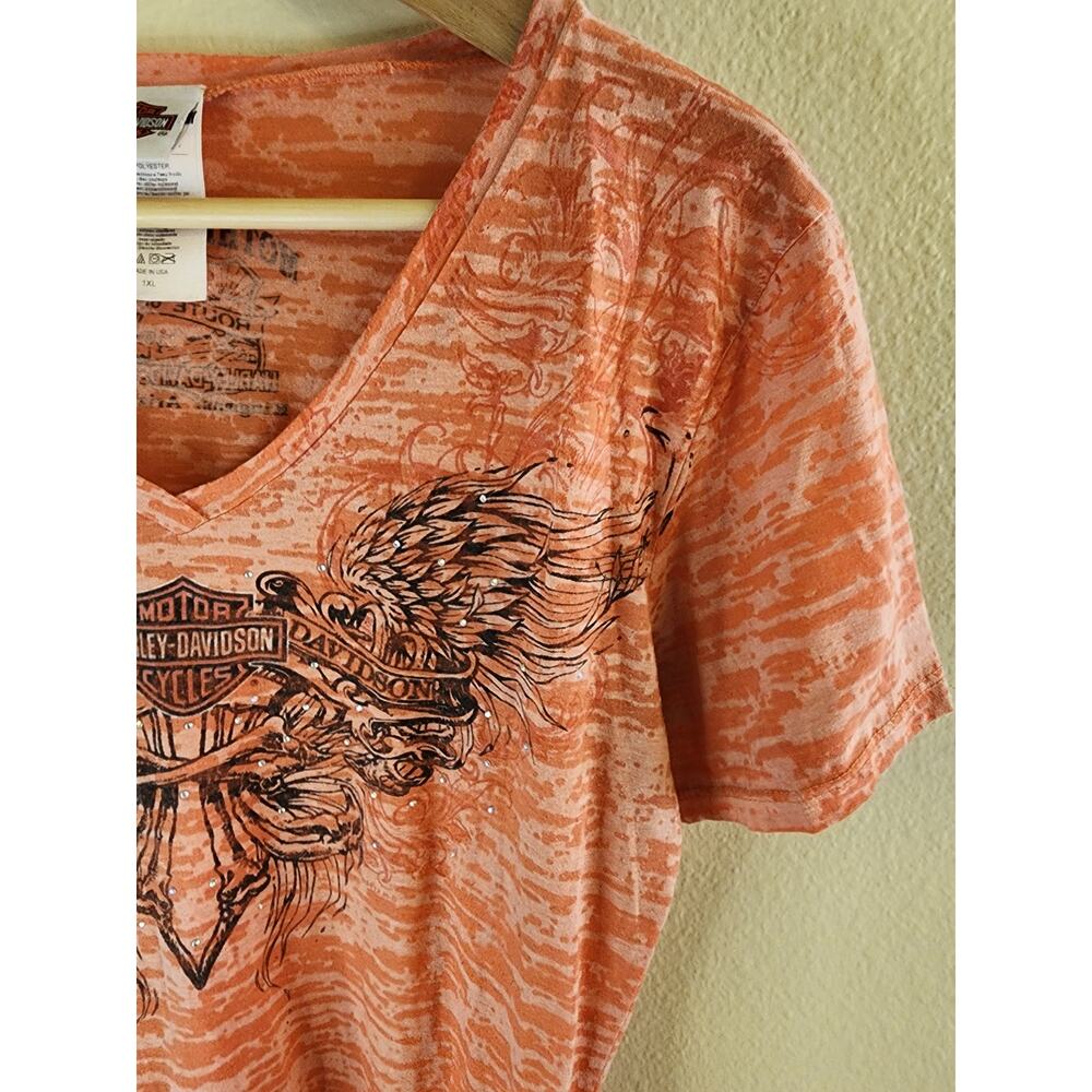 HARLEY-DAVIDSON Orange Semi Sheer Mother Road Kingman AZ Women Graphic VNeck XL - Picture 7 of 8